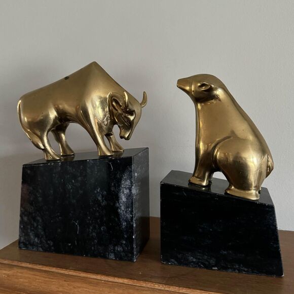 Vintage Heavy Marble and Solid Brass Bull and Bear Bookends - Picture 1 of 9